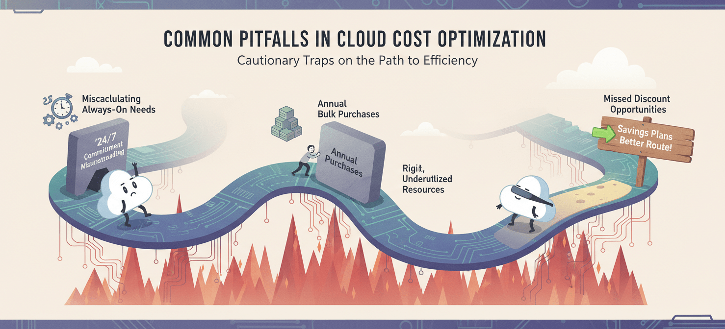 An illustration highlighting common pitfalls in AWS cost optimization for engineering teams, including misunderstanding the 24/7 commitment of RIs, making infrequent large purchases, and overlooking the flexibility and benefits of Savings Plans for dynamic workloads.