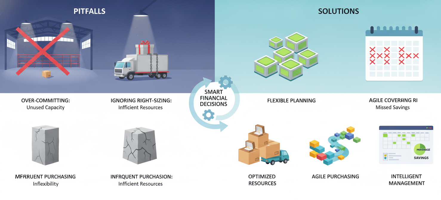 An illustration highlighting common pitfalls in AWS Reserved Instance procurement, such as over-committing to unstable workloads, neglecting instance right-sizing, making infrequent large purchases, and misunderstanding RI application. The visual emphasizes the importance of data-driven decisions, continuous optimization, and careful financial planning to avoid wasted cloud spend and maximize AWS reserved instance ROI.