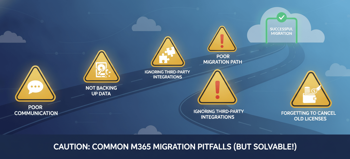 An illustration highlighting common pitfalls to avoid during a Microsoft 365 migration. It features warning signs with icons representing 'Poor Communication' (crossed-out speech bubble), 'Not Backing Up Data' (broken hard drive), 'Ignoring Third-Party Integrations' (disconnected puzzle pieces), and 'Forgetting to Cancel Old Licenses' (money flying away), serving as a reminder for careful planning.