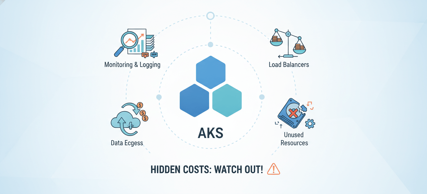 An illustration highlighting potential hidden costs in AKS, including monitoring and logging services, data transfer (egress), unused resources like unattached disks, and the costs associated with Azure Load Balancers.