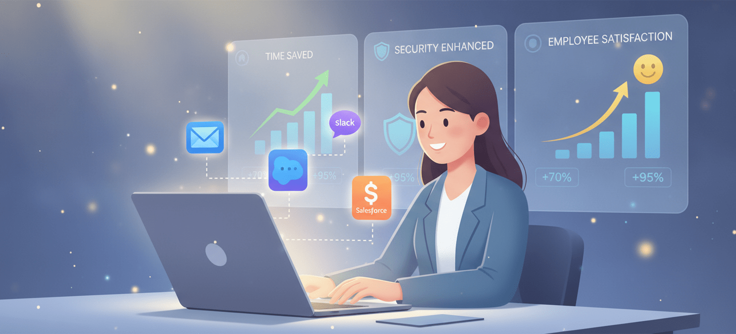 An illustration highlighting the core benefits of automating the IT onboarding process, including improved security, increased efficiency for IT teams, and a positive, productive experience for new employees from day one.
