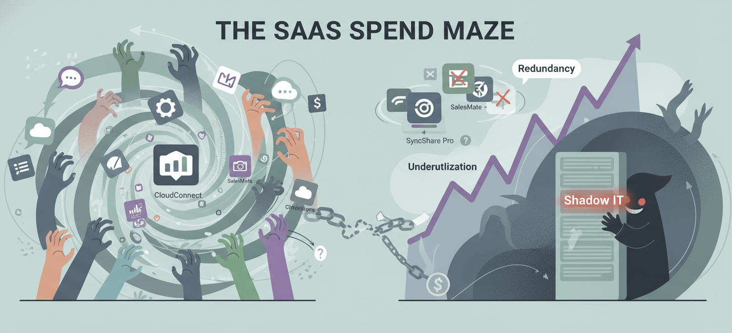 An illustration highlighting the difficulties in managing SaaS expenditures. It visually represents issues like 'Shadow IT' with hidden software purchases, 'Redundancy' through duplicate application icons, and 'Underutilization' shown by partially used licenses. The image conveys the fragmented and often chaotic nature of software procurement across different departments without centralized oversight.