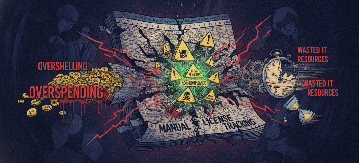 An illustration highlighting the hidden financial and operational risks associated with manual software license management. It shows a complex, error-prone spreadsheet from which symbols of overspending, compliance penalties, and wasted IT time emerge, emphasizing the significant liabilities organizations face without automated tracking.