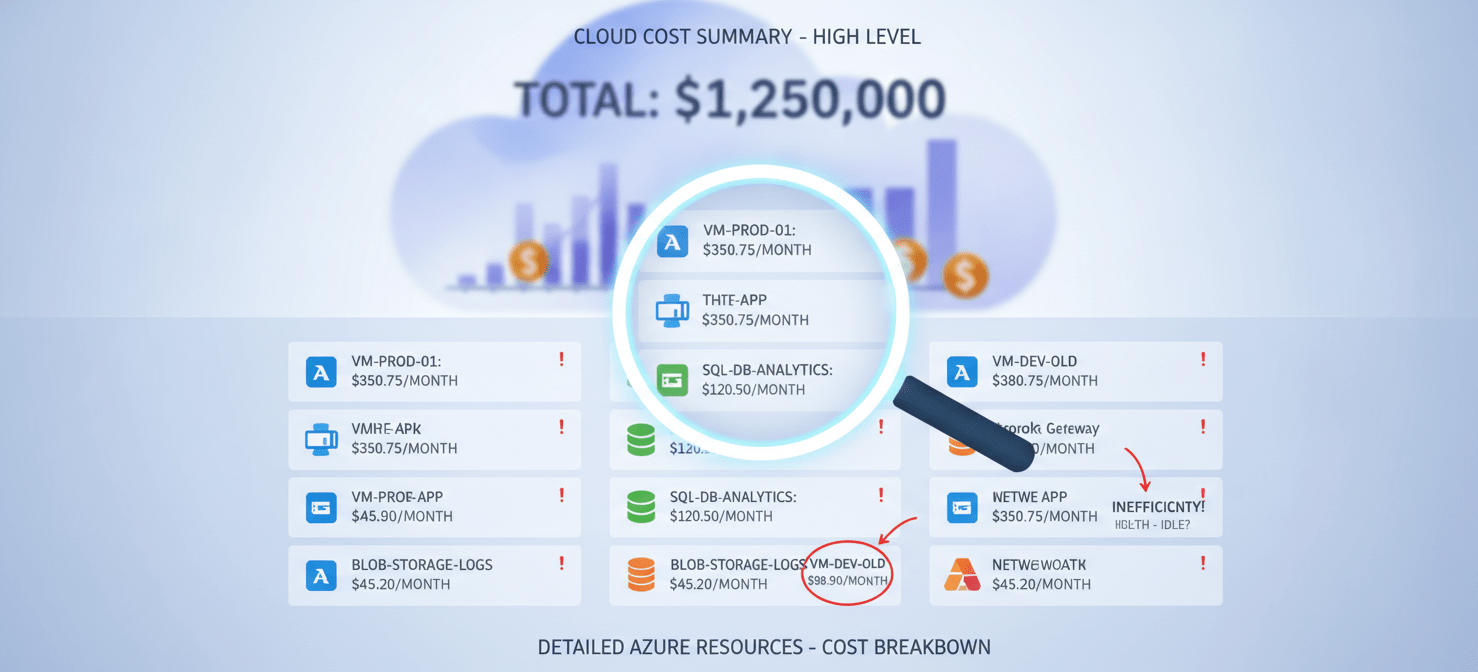 An illustration highlighting the importance of resource-level granularity in cloud cost management, contrasting a vague, high-level cost overview with a detailed breakdown of individual Azure resources and their specific expenditures, enabling precise identification of inefficiencies.