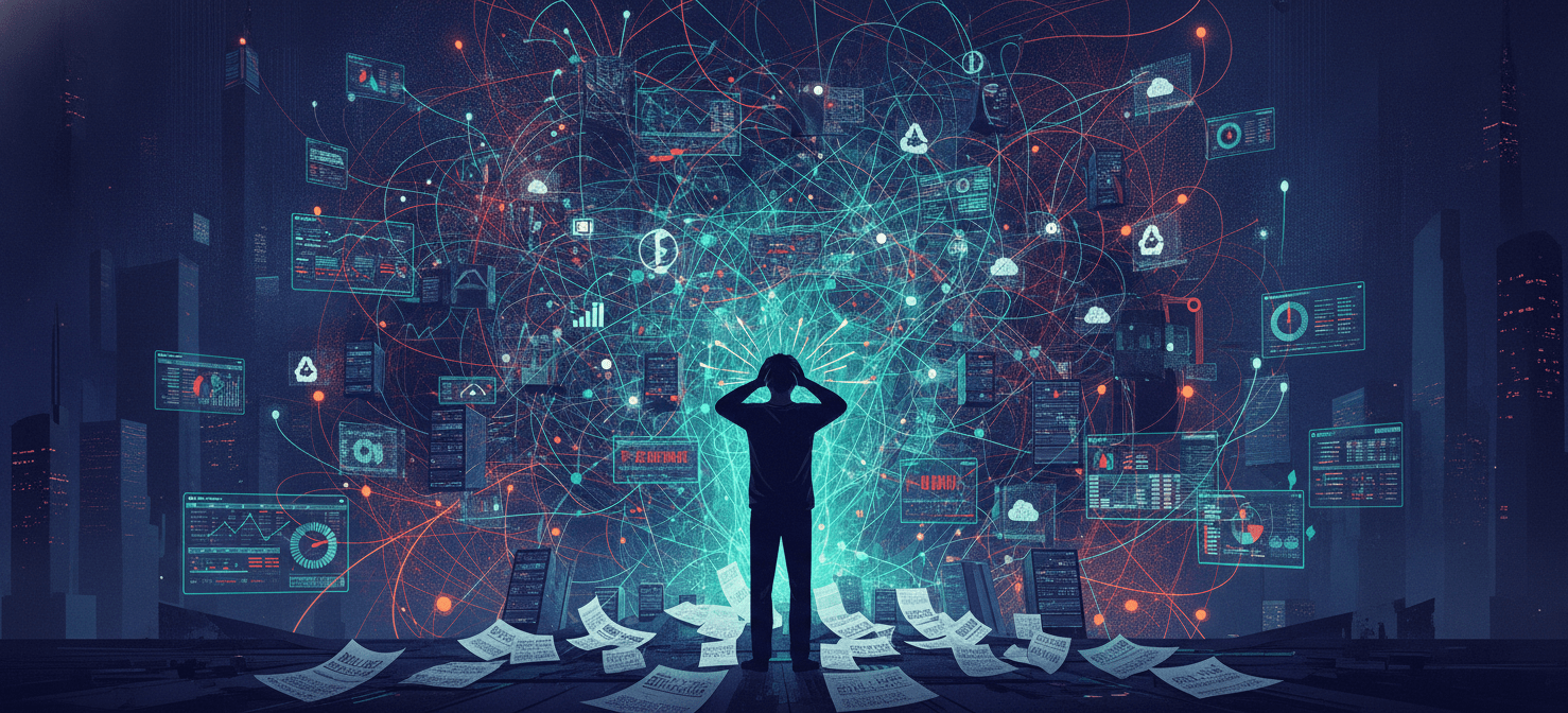 An illustration highlighting the inherent difficulties in cloud cost management, showing complex pricing models, decentralized resource deployment, and the challenge of identifying unused or underutilized cloud services.
