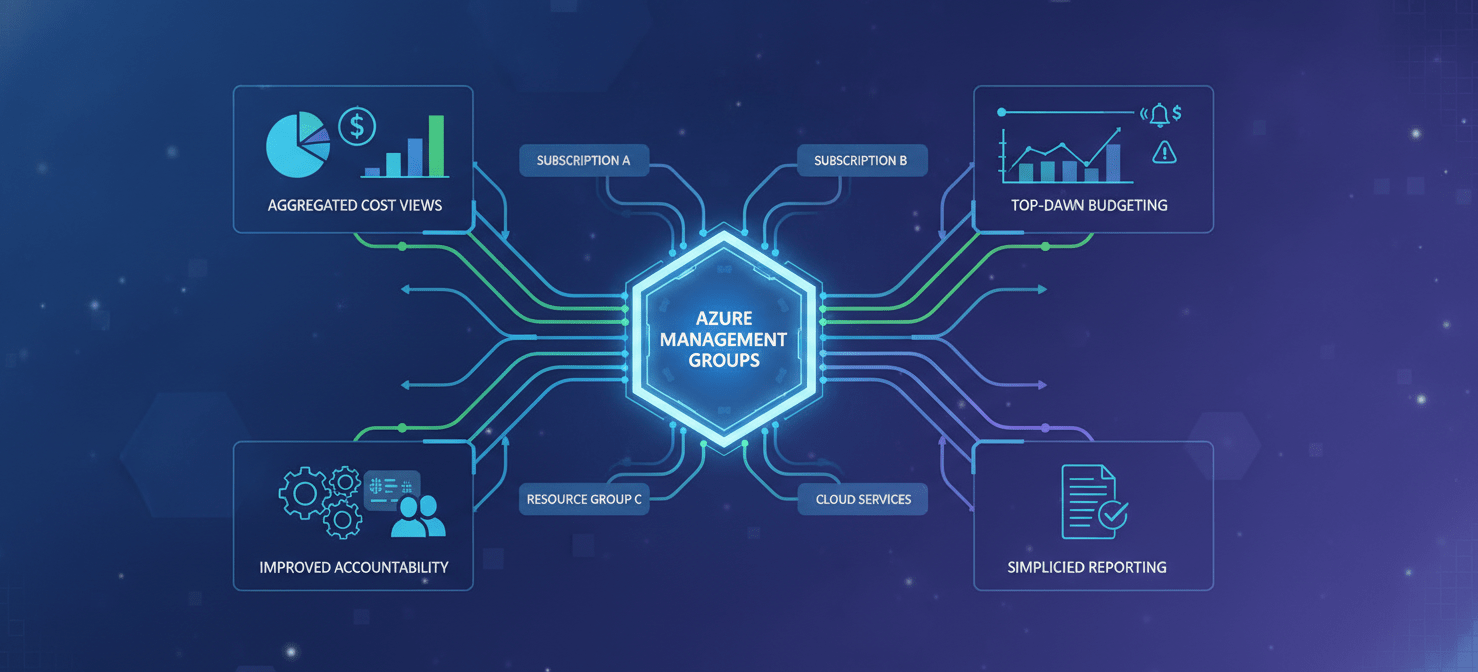 An illustration highlighting the key benefits of using Azure Management Groups for financial management, including aggregated cost views, top-down budgeting, improved accountability for cloud spending, and simplified financial reporting across an organization.