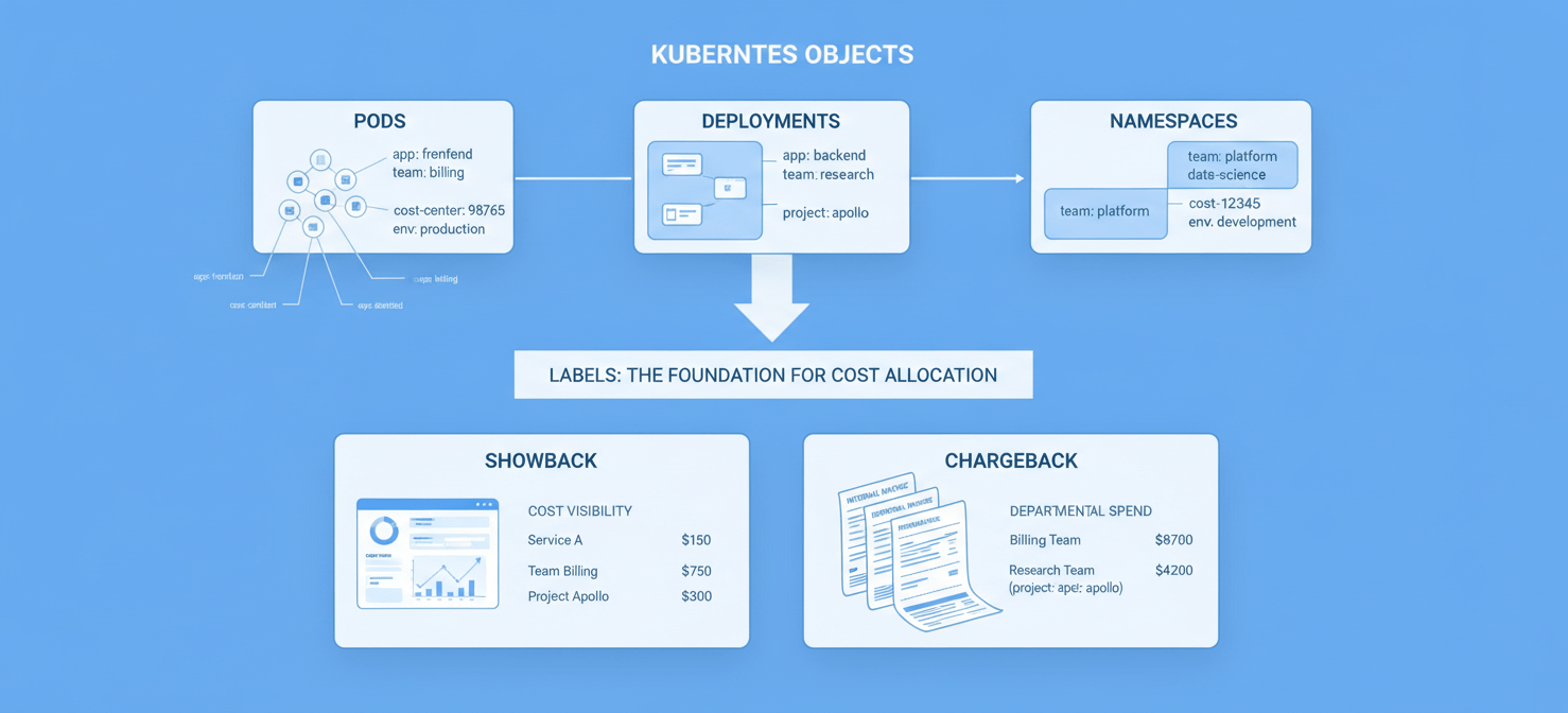 An illustration highlighting the prerequisites for accurate Kubernetes cost allocation, featuring Kubernetes objects with consistent labels and tags, alongside a conceptual comparison of showback (visibility) and chargeback (billing) models.
