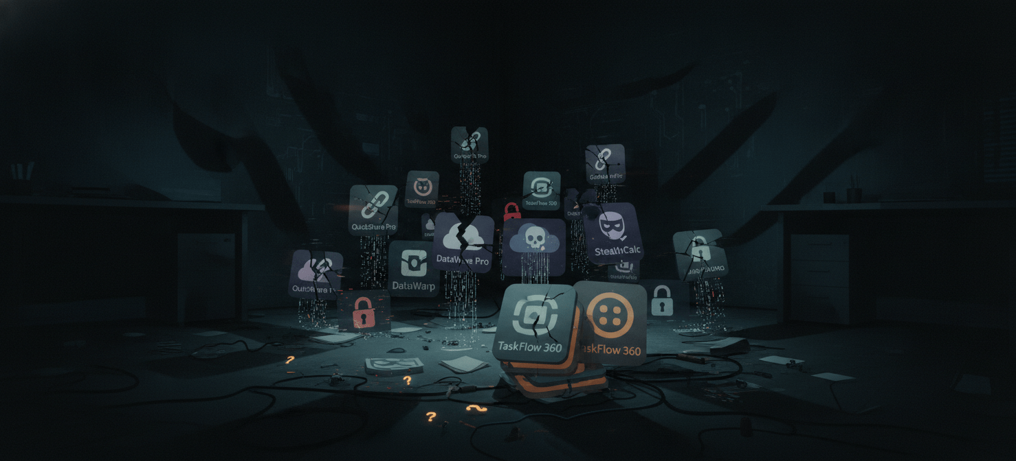 An illustration highlighting the risks of unmanaged software, depicting 'shadow IT' applications operating outside official oversight, leading to potential security vulnerabilities, data breaches, and inefficient workflows due to redundant tools.