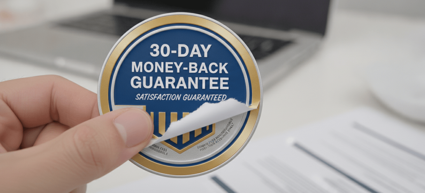 An illustration of a '30-Day Money-Back Guarantee' badge with fine print peeling away to reveal crucial exceptions, such as non-refundable domain fees and restrictions for first-time accounts, highlighting the limitations of the guarantee.