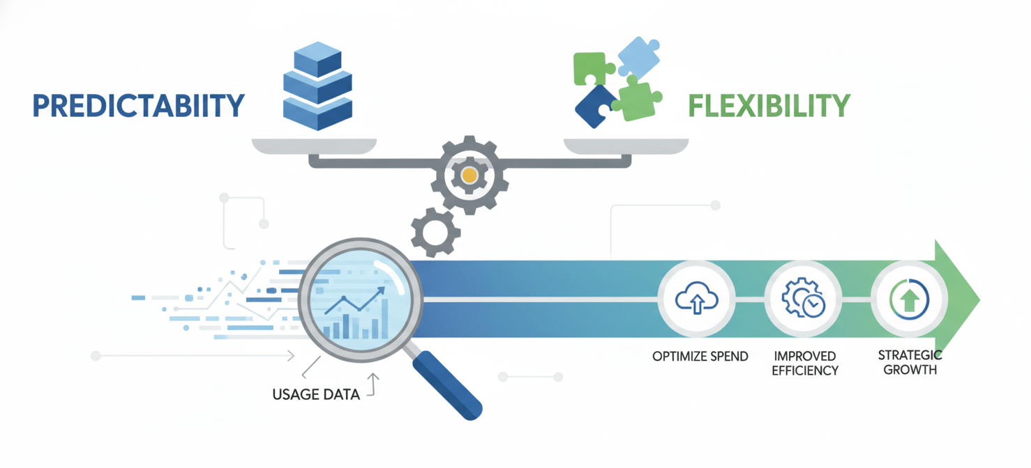 An illustration of a balance scale weighing 'Predictability' against 'Flexibility' in cloud cost optimization, with a magnifying glass analyzing usage data. This represents the critical decision-making process for choosing between Reserved Instances and Savings Plans based on workload characteristics.