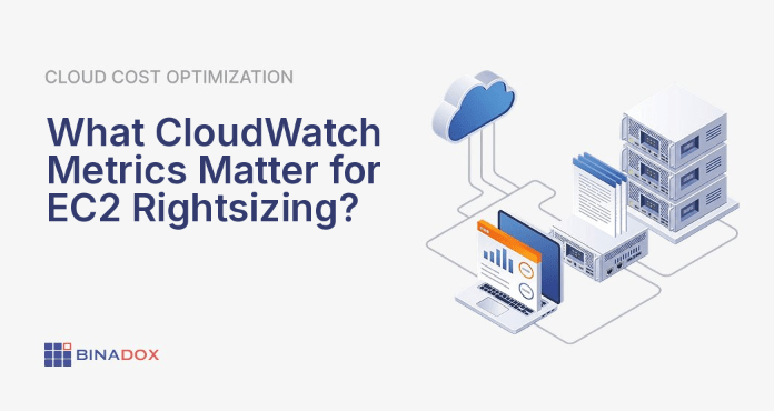 An illustration of a balancing scale, symbolizing the optimization challenge of EC2 rightsizing. One side holds money, representing cost savings, while the other shows a high-performing server, representing application performance. CloudWatch metrics for EC2 rightsizing, including CPU, memory, disk I/O, and network throughput, are depicted as data streams influencing the balance, highlighting a data-driven approach to finding the optimal instance size.