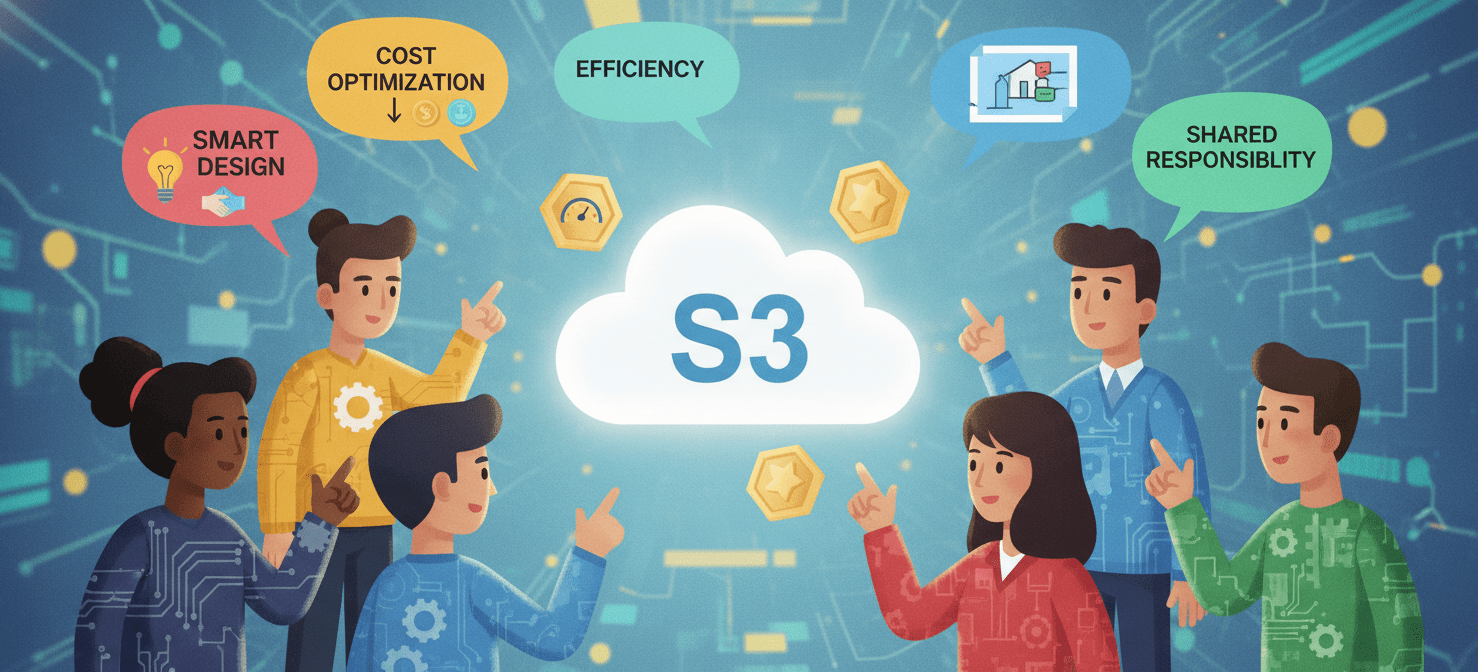 An illustration of a collaborative engineering team actively engaged in cost-conscious design and optimization for cloud resources. The image conveys a culture where cost is a shared responsibility, with team members discussing efficient architectural choices and celebrating savings.
