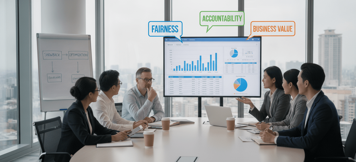 An illustration of a collaborative meeting where FinOps leads, application owners, and finance managers discuss a business-driven cost allocation strategy. The scene emphasizes aligning technical attribution models with organizational goals for fairness, accountability, and driving business value from cloud spending.