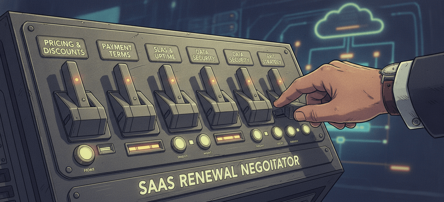 An illustration of a control panel with various levers labeled 'Pricing', 'Payment Terms', 'SLAs', 'Security', 'Scalability', and 'Exit Strategy', symbolizing the multiple strategic points available in a saas renewal negotiation.