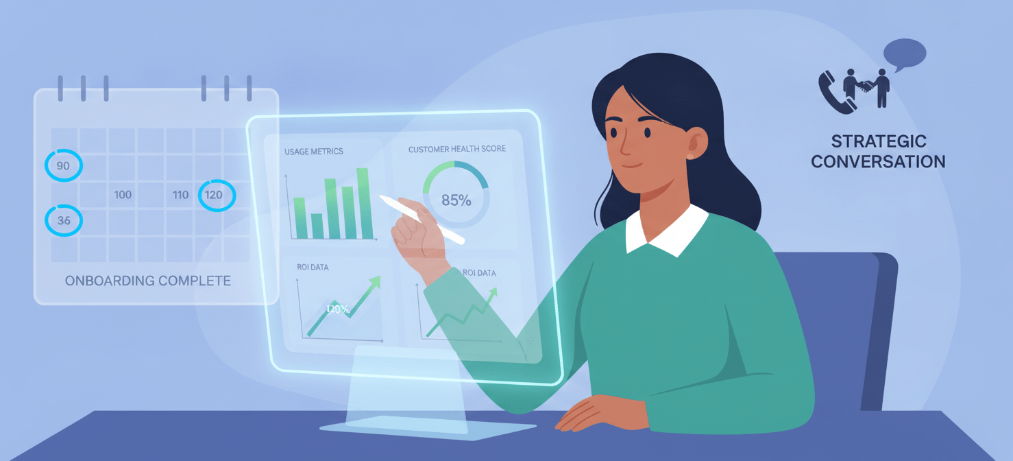 An illustration of a customer success manager reviewing usage metrics, customer health scores, and ROI data on a dashboard, preparing for an early strategic conversation with a client 90-120 days before their SaaS contract renewal.