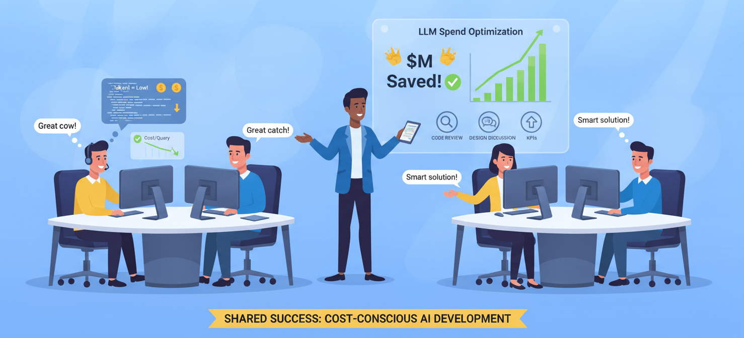 An illustration of a development team fostering a culture of cost-conscious AI development. Engineers are shown actively considering LLM costs during design and code reviews, with cost metrics integrated into their workflow. Team leads celebrate cost-saving achievements, reinforcing shared ownership and incentivizing efficient AI development practices.