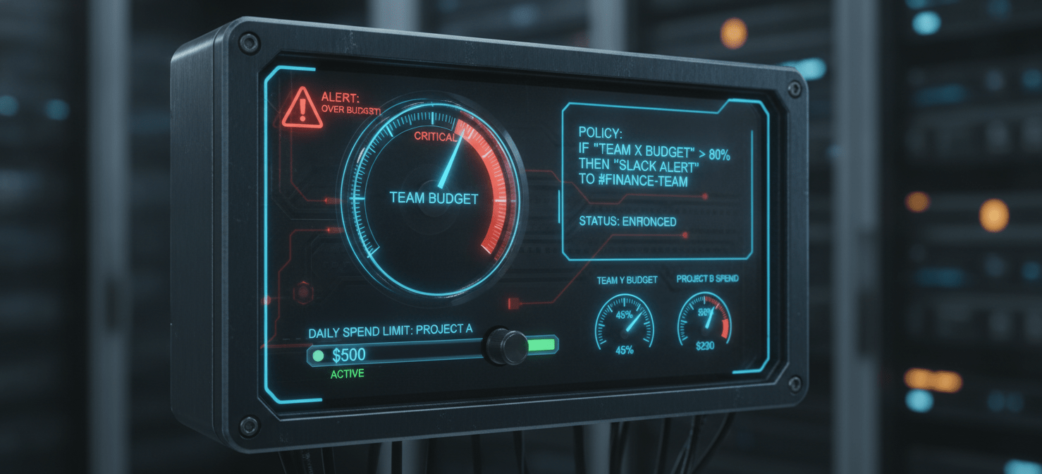 An illustration of a digital control panel with gauges and sliders representing LLM usage policies and budgets. Visual elements show a team budget nearing its limit, triggering an alert, and a daily spending cap being enforced, symbolizing proactive cost management and automated policy enforcement.