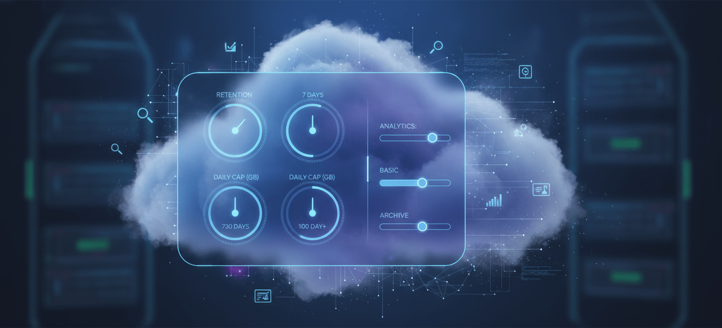 An illustration of a digital control panel with sliders and dials for 'Data Retention', 'Daily Cap', and 'Log Tiers', representing the various settings available for optimizing an Azure Log Analytics workspace to manage costs.