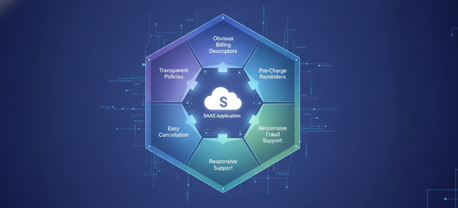 An illustration of a digital shield protecting a SaaS business, representing proactive chargeback prevention strategies such as transparent policies, clear billing descriptors, pre-charge reminders, easy cancellation, and smart fraud checks.