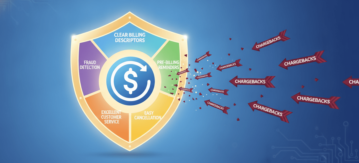 An illustration of a digital shield protecting a SaaS subscription from chargebacks, with the shield segments representing key prevention strategies like clear billing, pre-billing reminders, easy cancellation, strong customer service, and robust fraud detection.