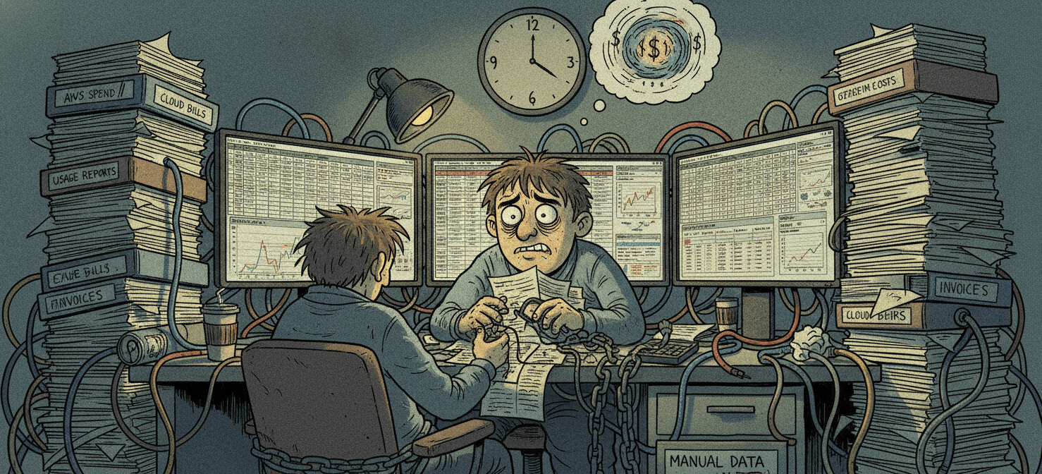 An illustration of a FinOps analyst overwhelmed by manual reporting tasks, surrounded by spreadsheets and data, symbolizing the inefficiency and frustration of traditional cloud cost management without automation.