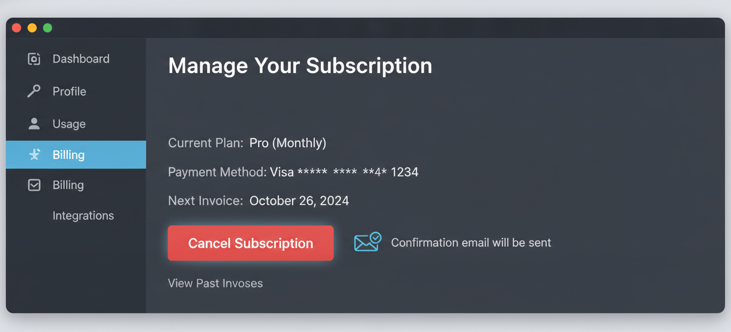 An illustration of a generic SaaS account settings page, highlighting a 'Cancel Subscription' button and a subsequent confirmation email, representing the standard, self-service offboarding process for software tools.