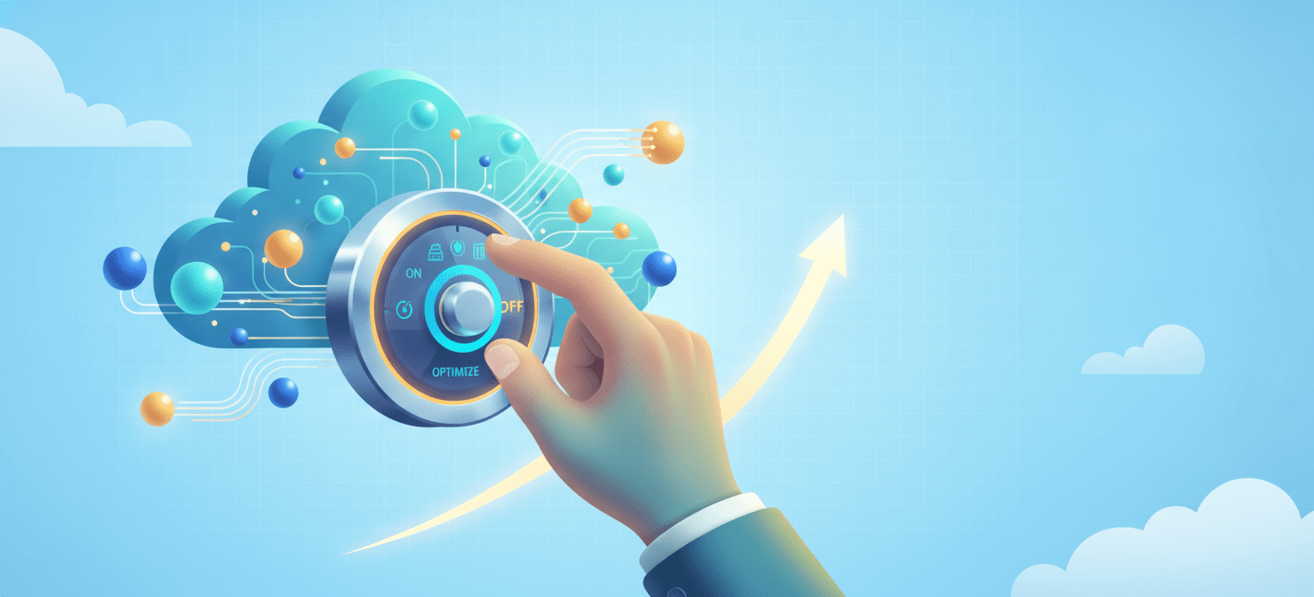 An illustration of a hand confidently adjusting controls over a complex cloud environment, symbolizing effective management and optimization of AWS spend, leading to greater control and efficiency.