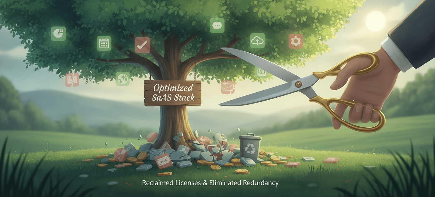 An illustration of a hand using scissors to prune a 'Optimized SaaS Stack' tree, cutting away redundant or unused SaaS application icons. This visual metaphor represents the process of rightsizing and optimizing a startup's software portfolio by eliminating waste and reclaiming unused licenses to maximize value.