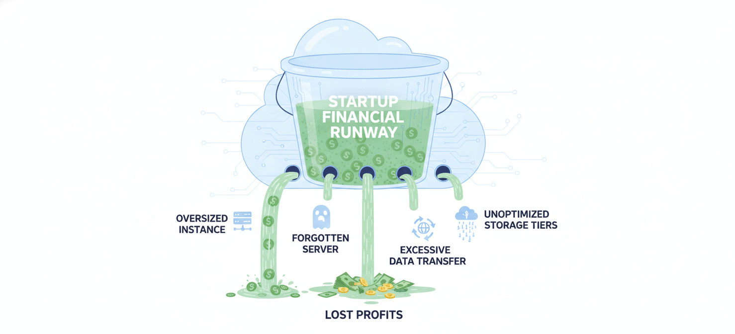 An illustration of a leaky bucket, where streams of money escape through holes labeled 'Forgotten Resources,' 'Data Transfer Fees,' 'Over-provisioned Instances,' and 'Storage Mismanagement,' visually representing common causes of unexpected cloud costs for startups.