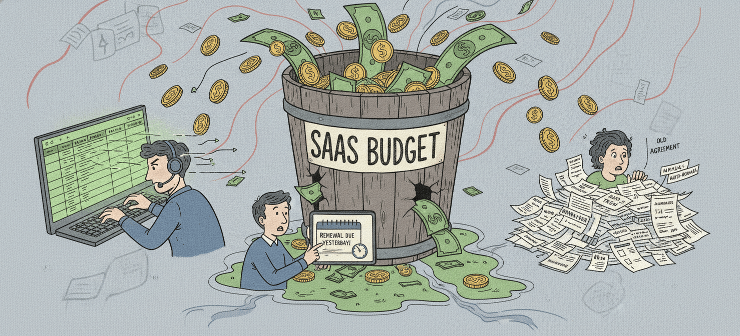 An illustration of a leaky 'SaaS Budget' bucket, with money escaping due to manual processes like spreadsheet management, missed deadlines, and unoptimized contracts, symbolizing the financial drain of manual SaaS renewal management.