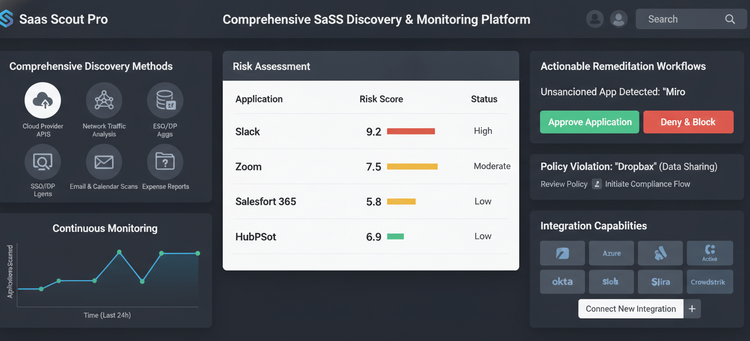 An illustration of a modern SaaS discovery tool dashboard, showcasing key features. Widgets display comprehensive discovery methods, continuous monitoring graphs, color-coded risk assessments for various applications, and actionable remediation workflows. The dashboard emphasizes the importance of integrated insights for effective shadow IT management.