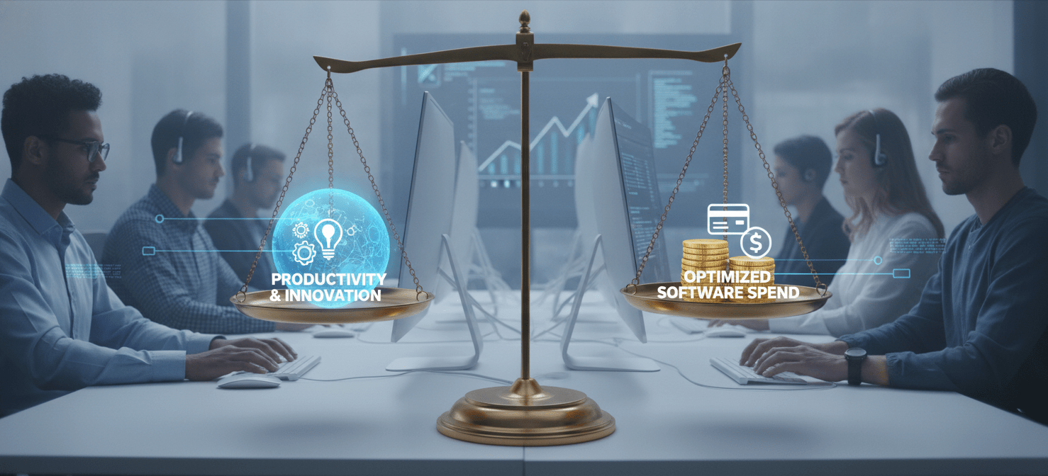 An illustration of a perfectly balanced scale, symbolizing the equilibrium between optimized software spend and enhanced engineering productivity and innovation, reflecting a strategically managed engineering organization.
