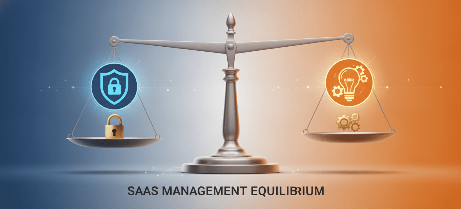 An illustration of a perfectly balanced scale, with 'Security' represented by a shield on one side and 'Productivity' by a lightbulb on the other. This visual metaphor highlights the critical challenge of balancing robust security measures with the need to empower employee productivity when managing SaaS applications.