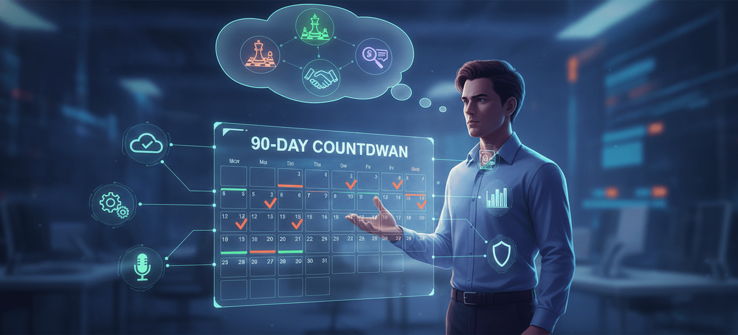 An illustration of a person adopting a proactive mindset for SaaS renewals, planning ahead with a 90-day countdown on a digital calendar, emphasizing strategic review and clear ownership.