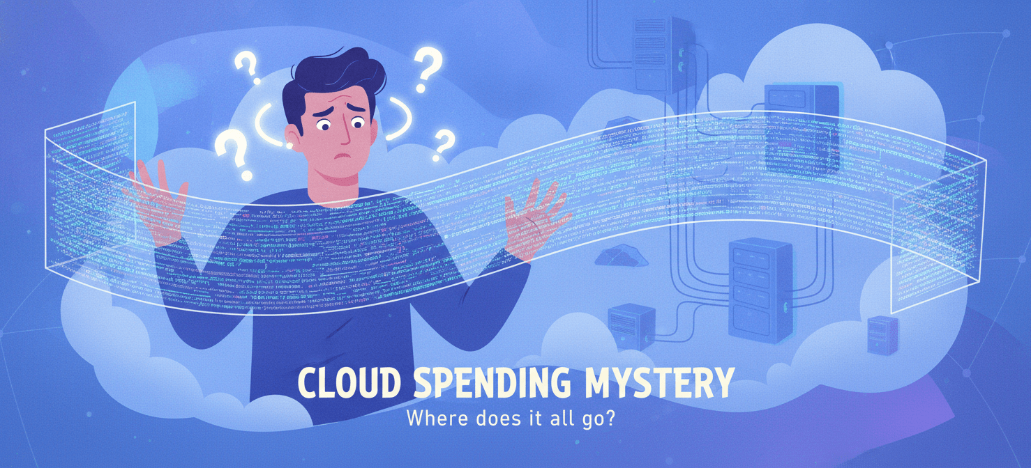 An illustration of a person struggling to understand a complex, opaque cloud bill, highlighting the difficulty in attributing costs to specific resources or departments without proper allocation strategies.