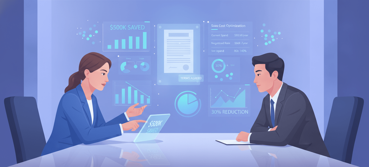 An illustration of a professional negotiation scene, where two individuals are discussing terms across a table. Overlayed are data visualizations, charts, and graphs, symbolizing the use of detailed usage and cost data to negotiate more favorable SaaS contracts and effectively reduce saas costs.
