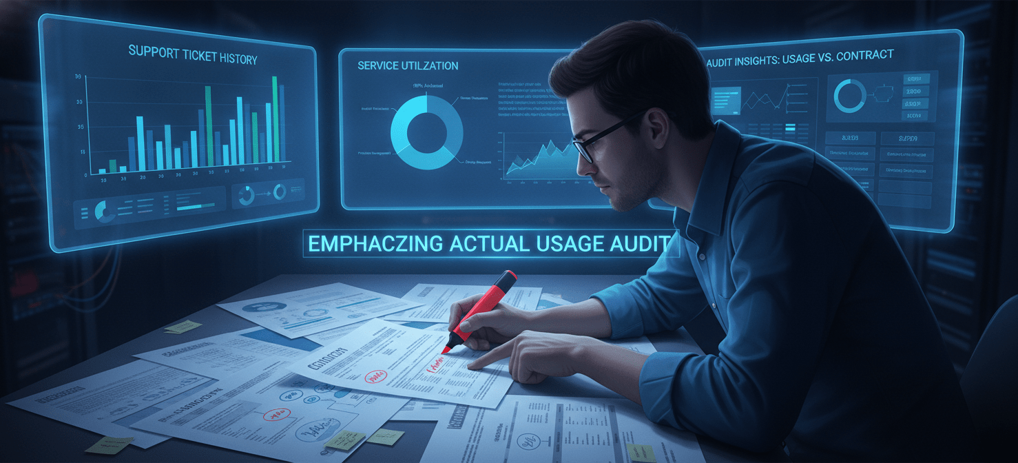 An illustration of a professional thoroughly reviewing an existing IT support contract, with digital screens in the background displaying data visualizations of support ticket history and service level agreement (SLA) performance, highlighting the importance of usage analysis.