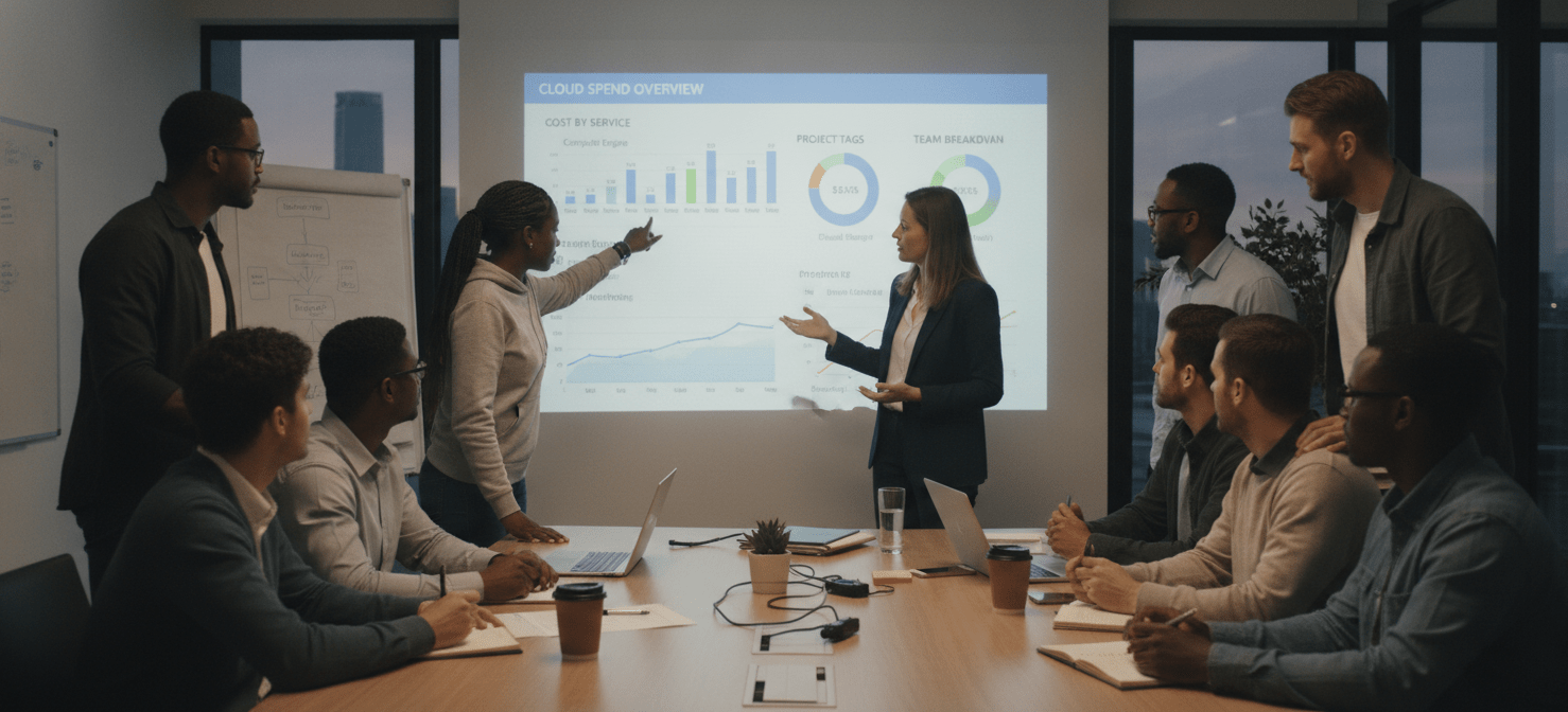 An illustration of a startup engineering team and CTO gathered around a large screen displaying a cloud cost dashboard, broken down by service and project tags. They are actively discussing cost trends and optimization opportunities, symbolizing a culture of shared financial responsibility and proactive cost management within the engineering team.