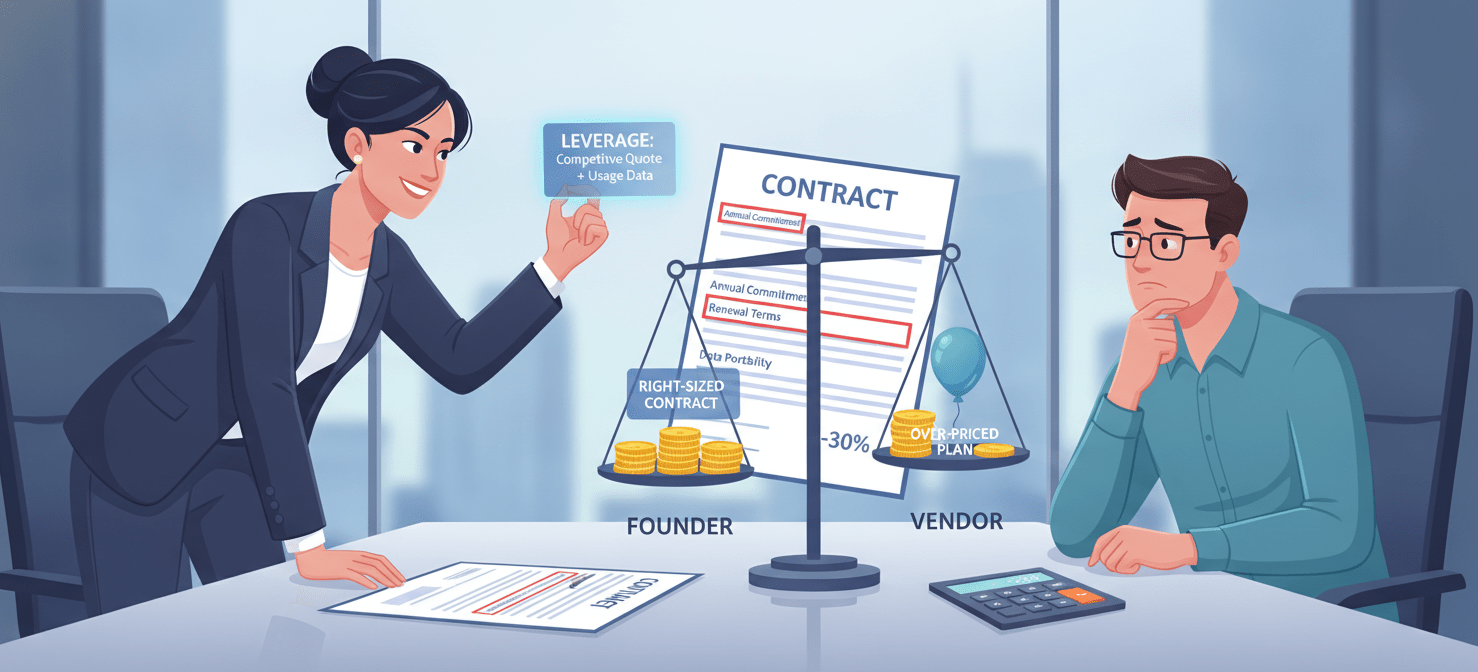 An illustration of a startup founder or CTO engaging in smart negotiation with a SaaS vendor, leveraging competitive intelligence and scrutinizing contract terms to right-size subscriptions and secure better deals.