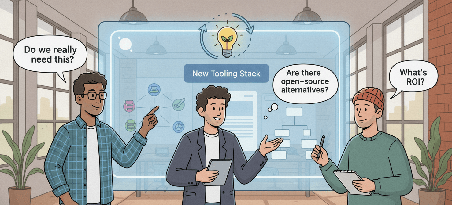 An illustration of a startup team fostering a culture of cost-conscious tooling, collaboratively evaluating new SaaS subscriptions and exploring lean or open-source alternatives before committing to new expenses.