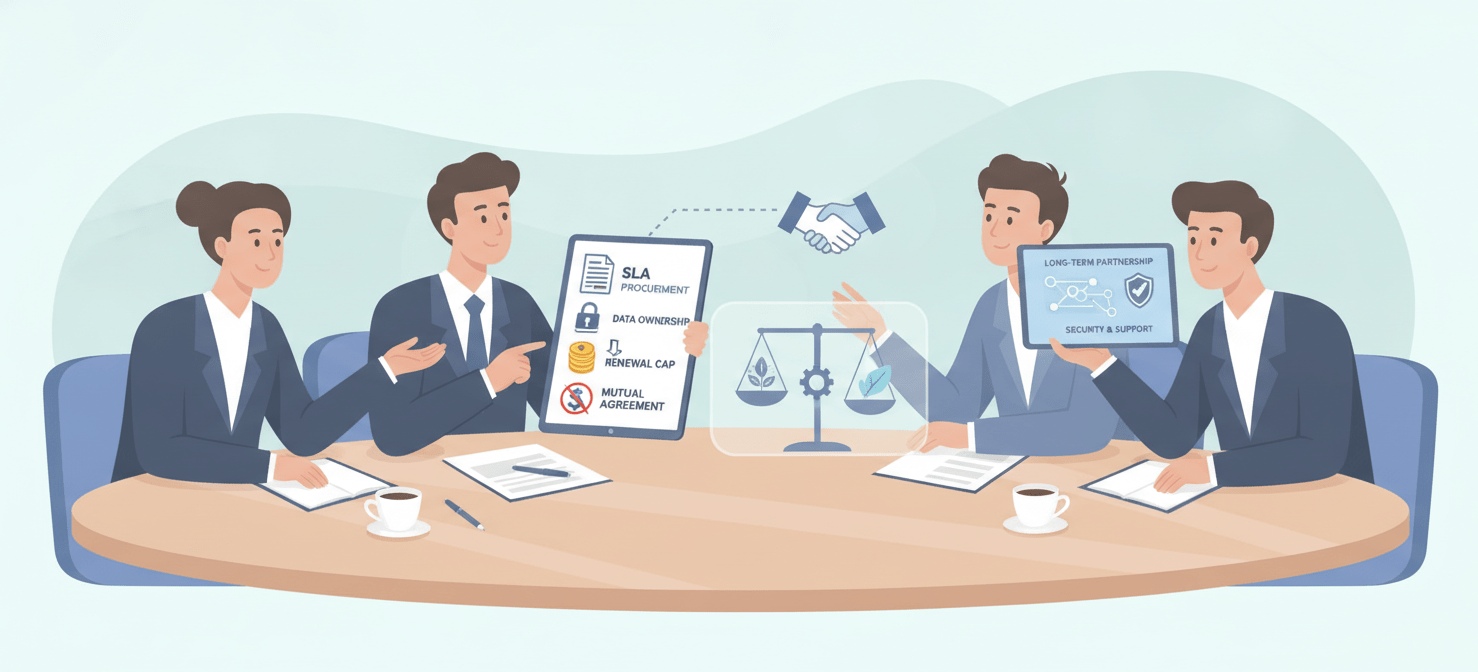An illustration of a strategic contract negotiation, where a procurement team focuses on key levers beyond price, such as Service Level Agreements (SLAs), data ownership, and renewal caps, to secure long-term value from SaaS vendors.