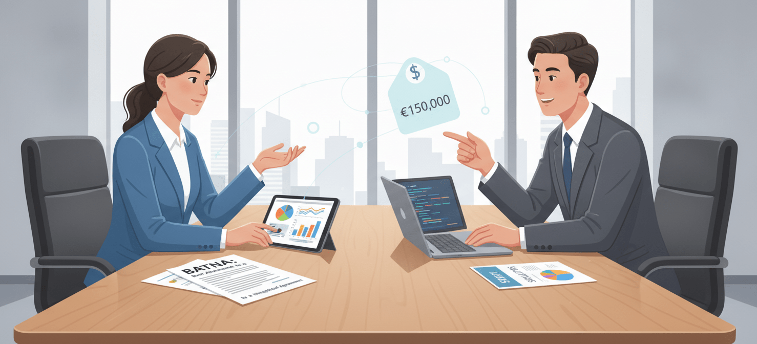 An illustration of a strategic negotiation between a customer and a software vendor. The customer is armed with data, usage reports, and market research, symbolizing a prepared approach to discussing software price increases and contract terms.