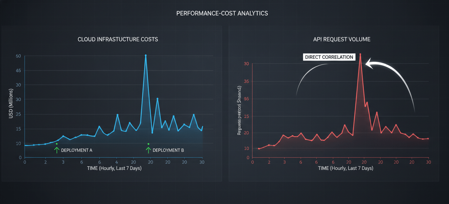 An illustration of a unified dashboard correlating cloud cost visibility with performance metrics, showing how a spike in CPU utilization directly corresponds to an increase in cloud spend, enabling DevOps teams to identify root causes.