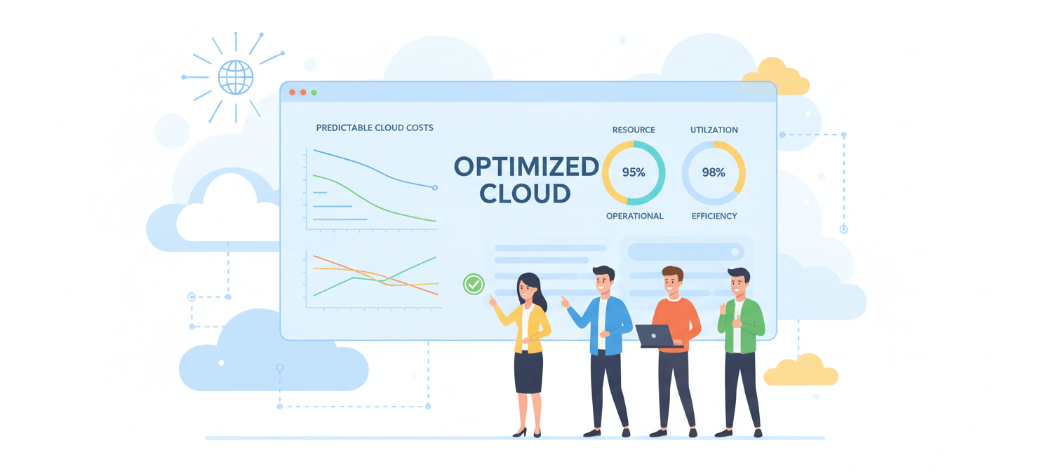 An illustration of a well-managed and optimized cloud environment, featuring a clear, predictable cost dashboard and a confident team overseeing operations. This symbolizes the successful outcome of implementing a disciplined strategy for cloud cost control and efficiency.