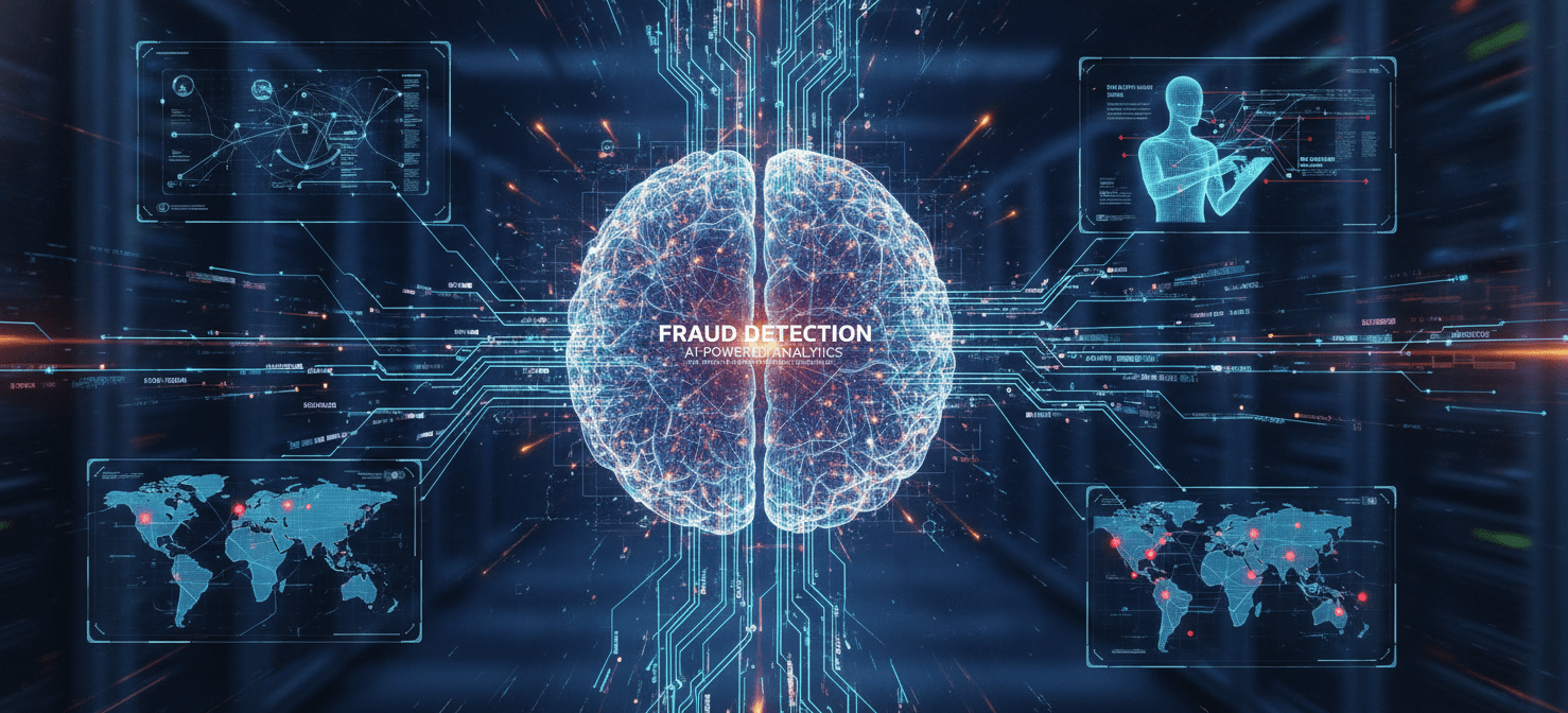 An illustration of advanced technological solutions for fraudulent transaction detection, featuring AI and machine learning systems analyzing data, behavioral analytics monitoring user interactions, and geolocation tools identifying transaction origins.