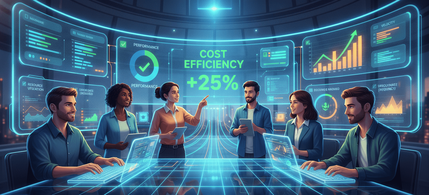 An illustration of an engineering team collaborating effectively, surrounded by dashboards displaying clear metrics for cost, performance, and velocity. This visualizes how improved Azure cost visibility for engineering teams leads to better decision-making, increased ownership, and enhanced engineering velocity, fostering a culture of efficiency.