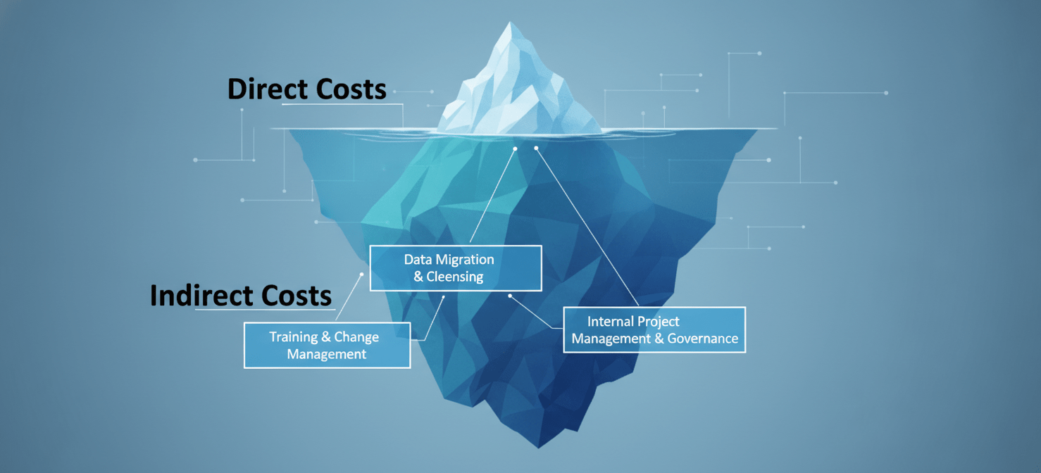An illustration of an iceberg, where the small visible part above the water represents direct MDM costs, and the vast submerged portion symbolizes the significant indirect costs. These hidden expenses include extensive data migration and cleansing efforts, employee training and change management programs, and the internal project management and governance team's time investment.