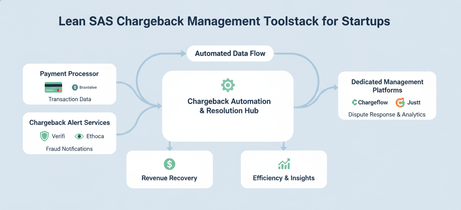 An illustration of an integrated toolstack for SaaS chargeback management, featuring interconnected icons for payment processors, chargeback alert services, and dedicated management platforms, emphasizing automation and efficiency for startups.