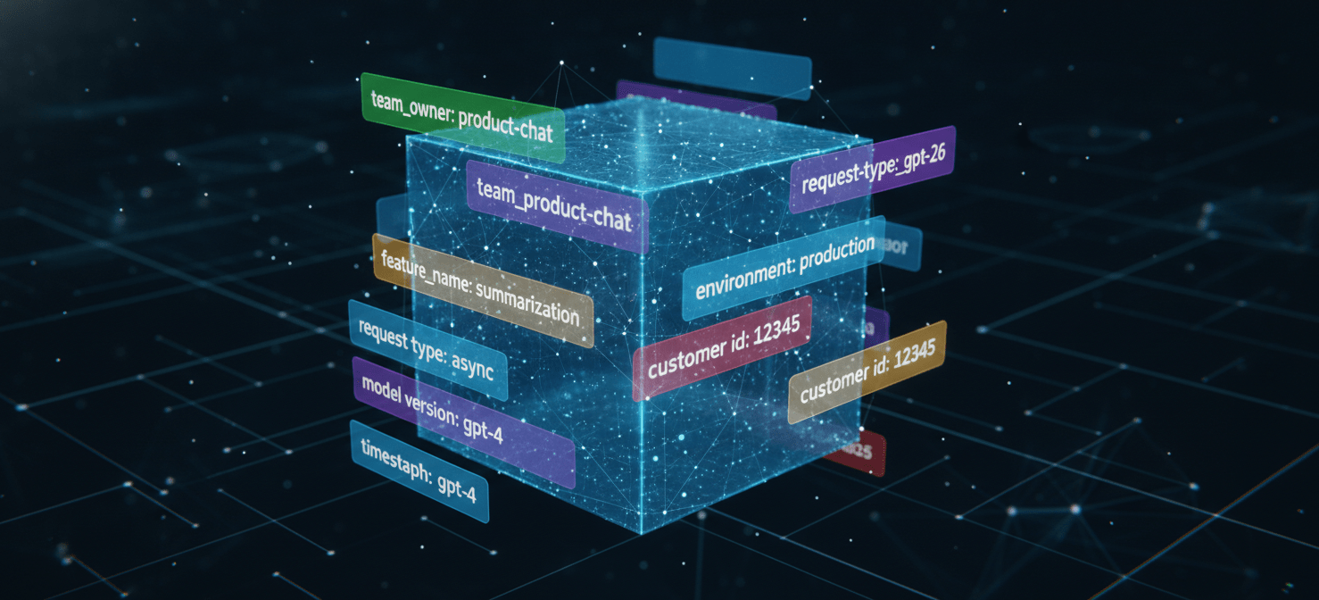 An illustration of an LLM API request packet adorned with various metadata tags, such as 'team_owner', 'feature_name', 'environment', and 'customer_id'. This visual emphasizes the importance of standardized tagging for accurate cost attribution and detailed tracking.