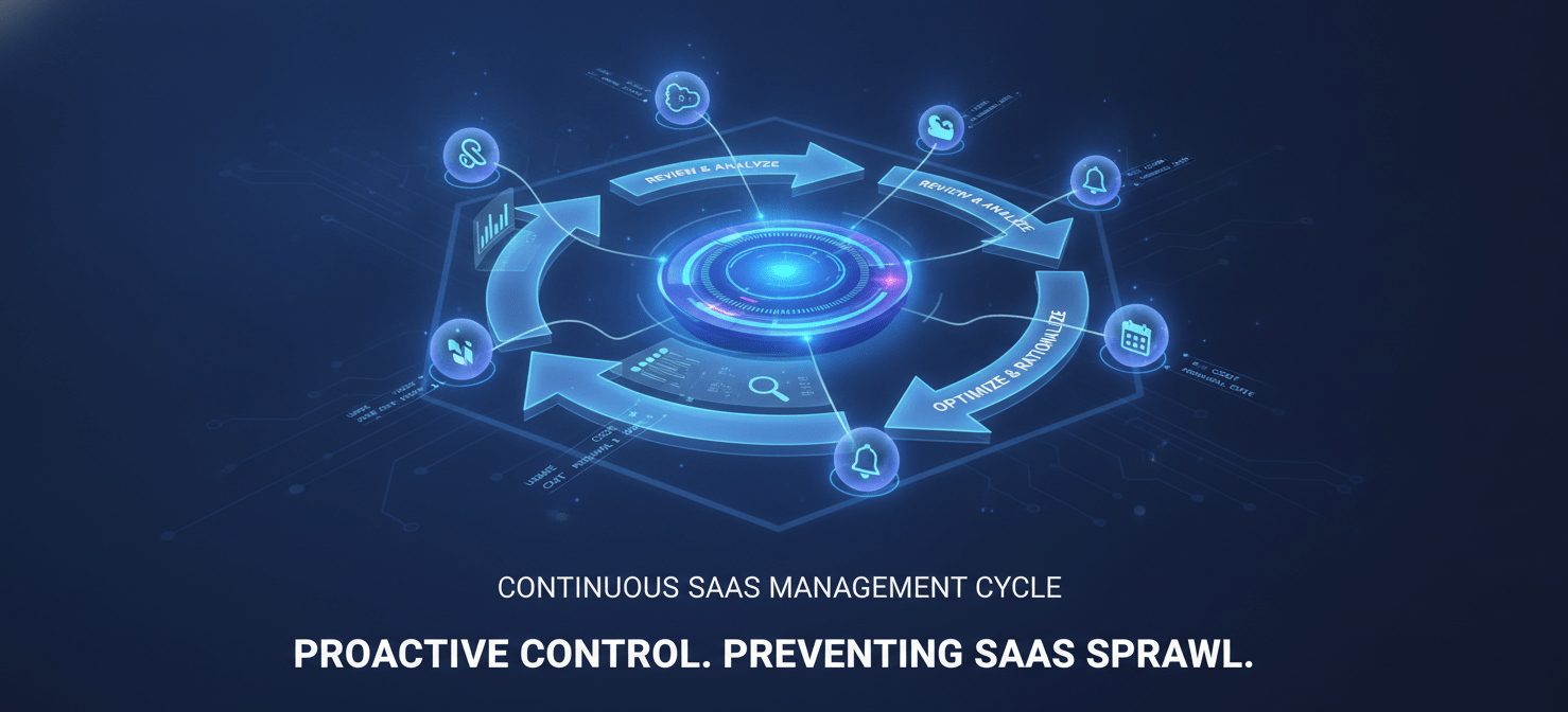 An illustration of an ongoing SaaS management system, depicting a centralized dashboard tracking subscriptions, usage, and renewal dates to ensure continuous control and long-term saas cost savings for a growing startup.